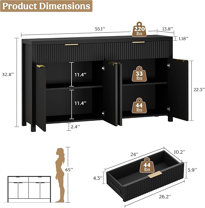 Lulive Black Fluted Buffet Cabinet with Storage 55 inch Wood Large Sideboard with Adjustable Shelves for Entryway Kitchen Living Room