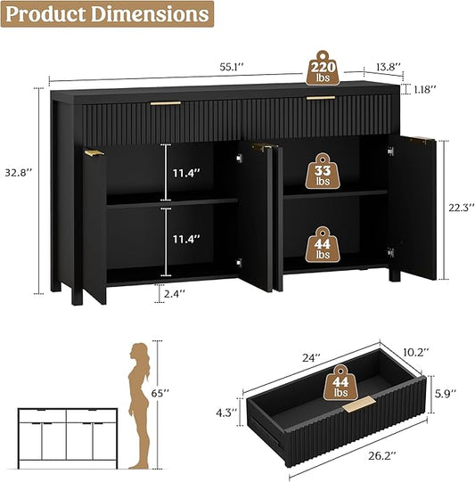 Lulive Black Fluted Buffet Cabinet with Storage 55 inch Wood Large Sideboard with Adjustable Shelves for Entryway Kitchen Living Room