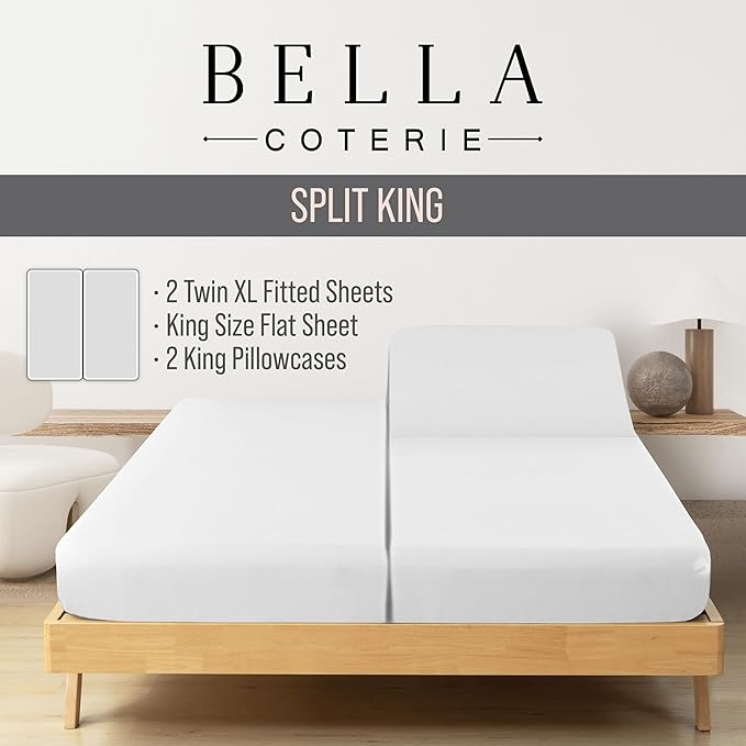 Bella Coterie Luxury Bamboo Viscose Split King Size Sheet Set | 2 Fitted Sheets for Sleep Number & Adjustable Beds | 100% Organically Grown | Cooling & Ultra Soft | 18” Deep Pocket [White] BC