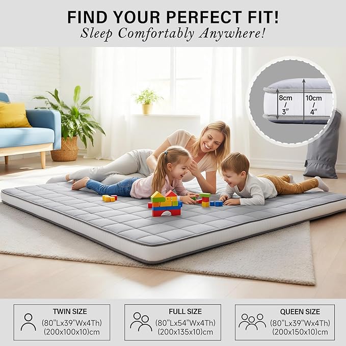 Tiita Futon Mattress 4” Thick Folding Roll Up Sleeping Pad with Bag & Strap, Bed Topper Mat for Guest, Lounger and Tavel, Gray,Queen Size
