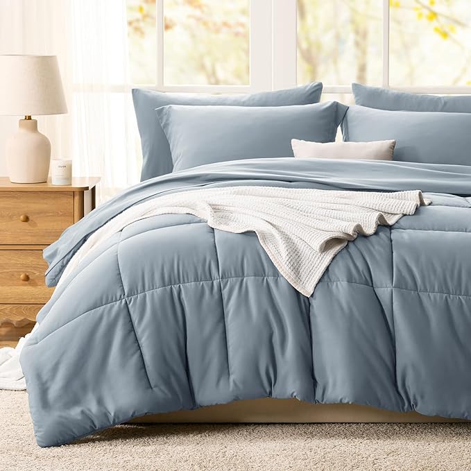 CozyLux King Size Comforter Set Grayish Blue - 7 Pieces Bed in a Bag King, Okeo-Tex Certifited Bedding Set, All Season Soft Bed Set with Down Alternative Comforter, Sheets, Pillowcases & Pillow Shams