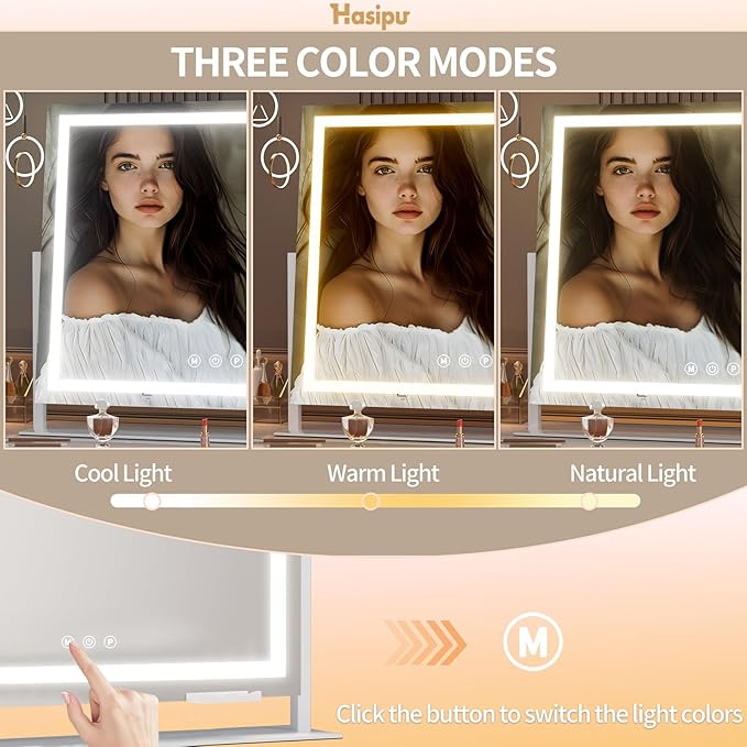 Hasipu Vanity Mirror with Lights, 32" x 24" LED Makeup Mirror, Light up Mirror with 10X Magnification and Phone Holder, USB Charging Port, Smart Touch 3 Colors Dimmable (White)