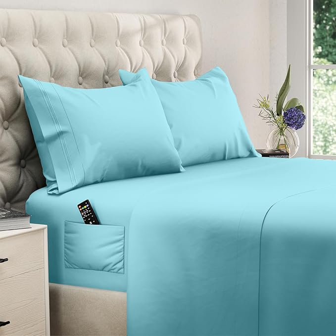 DREAMCARE Full Size Sheets Set - 4 Pcs Cooling Bed Sheets with Up to 15" Deep Pockets - Soft, Long-Lasting 100% Brushed Polyester with Side Pocket (Spa Blue) DREAMCARE