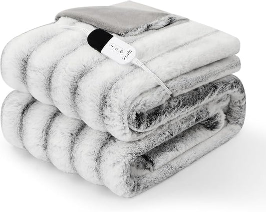ZonLi 2-in-1 Weighted Heated Blanket for Back Pain, Heated Weighted Blankets Queen Size, 6 Heating Levels 1-10H Auto Off, Soft Ribbed Rabbit Fur Washable, Chirstmas Blanket for Family