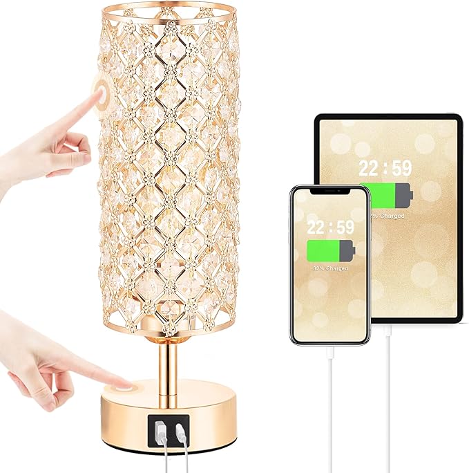 Crystal Table Lamp, Gold Lamp for Bedroom with USB-C USB-A Charging Ports, 3 Way Dimmable Light with Crystal Lampshade, Bedside Lamp Small Touch Light for Girl Room in Gold