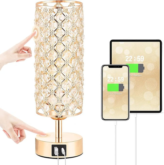 Crystal Table Lamp, Gold Lamp for Bedroom with USB-C USB-A Charging Ports, 3 Way Dimmable Light with Crystal Lampshade, Bedside Lamp Small Touch Light for Girl Room in Gold