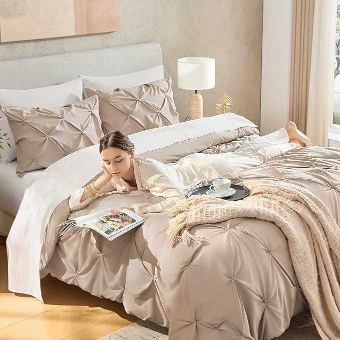 Andency Wheat Comforter Queen Size(90x90Inch), 3 Pieces Lightweight Pinch Pleat Comforter Sets for Queen Bed, Soft Microfiber Bedding Comforter Set(1 Pintuck Comforter and 2 Pillowcases)