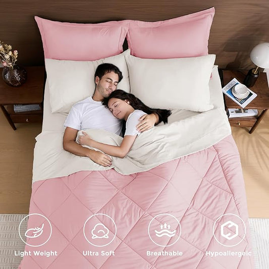 HEVUMYI Full Comforter Set - 7-Piece All Season Bed in a Bag Full, Ultra Soft Bedding Set with Comforter, Flat Sheet, Fitted Sheet, Pillowcases, Pillow Shams, Pink & Ivory