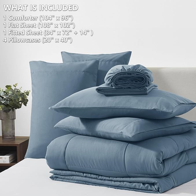 CozyLux California King Comforter Sets Mineral Blue, 7 Pieces Cal King Bed in a Bag, All Season Bedding Sets with Stitch Quilted Comforter, Flat Sheet, Fitted Sheet, Pillowcases