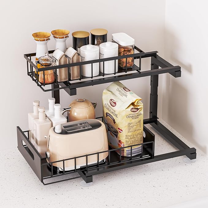Under Sink Organizer, Heavy Duty Metal Slide Out Sink Shelf Organizer Height Adjustable, Multi-Purpose Storage Shelf for Kitchen Bathroom (Black,1Pack)