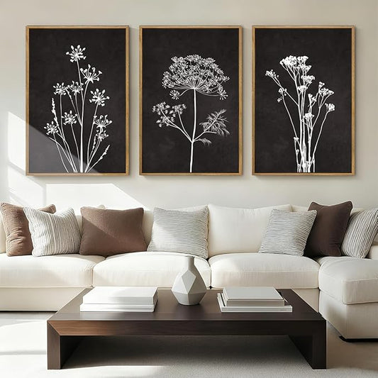 BINCUE Extra Large Framed Black and White Wall Art Floral Wall Decor Botanical Paintings for Living Room Bedroom Bathroom 24x36 Inch 3 Piece