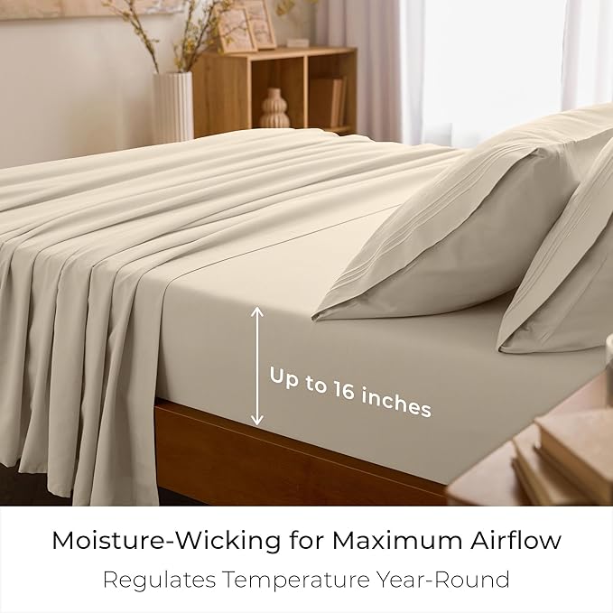 Mellanni Split King Sheet Set - 7-Piece Iconic Collection Bedding, (Including 4 Pillowcases), 16-Inch Deep Pocket, Easy Care, Extra Soft, Cooling Sheets, Brushed Microfiber - Beige