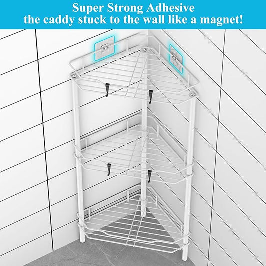 3 Tier Floor Standing Corner Shower Caddy Organizer Shelf with Hooks, Bathroom Shelves Stand Rack, White