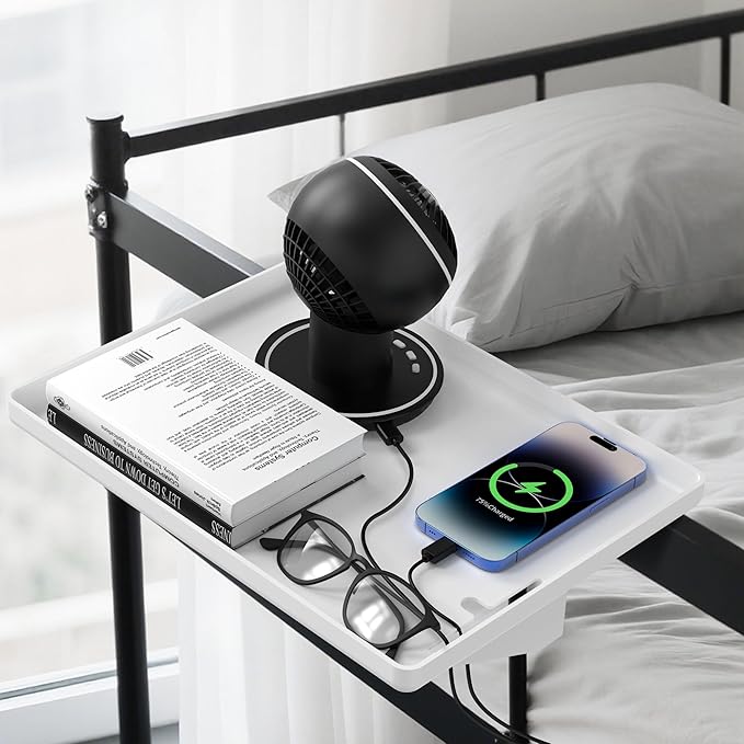 Bedside Shelf for Dorm Bunk Bed, Clip On Nightstand, Bed Side Table Tray Organizer, College Dorm Room Essentials for Girls/Guys, with Cable Management for Dormitory, Back to School (White)