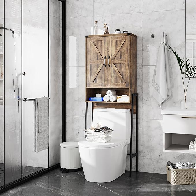 Vabches Over The Toilet Storage Cabinet with 2-Door Design Bathroom Organizers and Storage with Anti-Tip Device Over Toilet Organizer with Shelves for Bathroom,Restroom,Laundry Brown