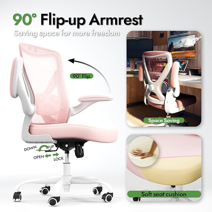 Ergonomic Office Chair: Mesh Desk Chair with Adjustable Lumbar Support 330lbs High Back Computer Gaming Chair - Work Chairs with Flip-Up Arms for Long Hours-Adults Home Office (Pink)