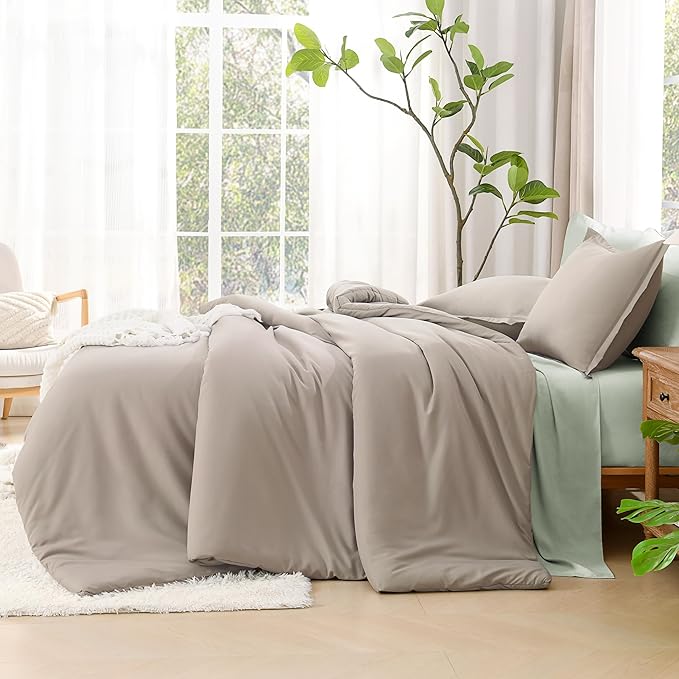 Litanika Comforter Set, Lightweight Solid Bedding Comforter Set, Fluffy Down Alternative Bed Set, Dark Oatmeal, Oversized King