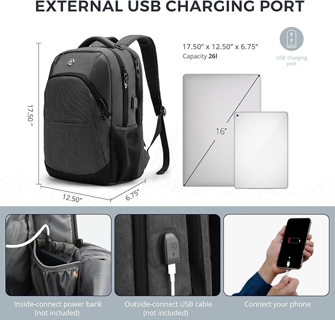 Swissdigital Design Travel Laptop Backpack for Men and Women, College Backpack with USB Charging Port for Fits 16 Inch Notebook, Grey | SD1670-02
