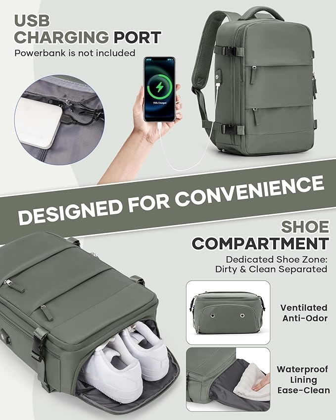 suwasp Vacuum Backpack Travel with Electric Vacpack Pump, Vacuum Compression Bags Travel Backpack for Women Men, Flight Approved Waterproof Carry on Backpacks Laptop Work Weekender Daypack, Green