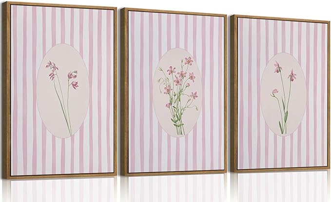 KISSFOX 3 Piece Floral Framed Wall Art Pink Wildflower Canvas Wall Art Flower Pictures Wall Decor Boho Botanical Paintings Poster Wall Decor For Girly Room Bedroom Apartment Dorm Living Room