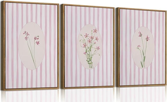 KISSFOX 3 Piece Floral Framed Wall Art Pink Wildflower Canvas Wall Art Flower Pictures Wall Decor Boho Botanical Paintings Poster Wall Decor For Girly Room Bedroom Apartment Dorm Living Room