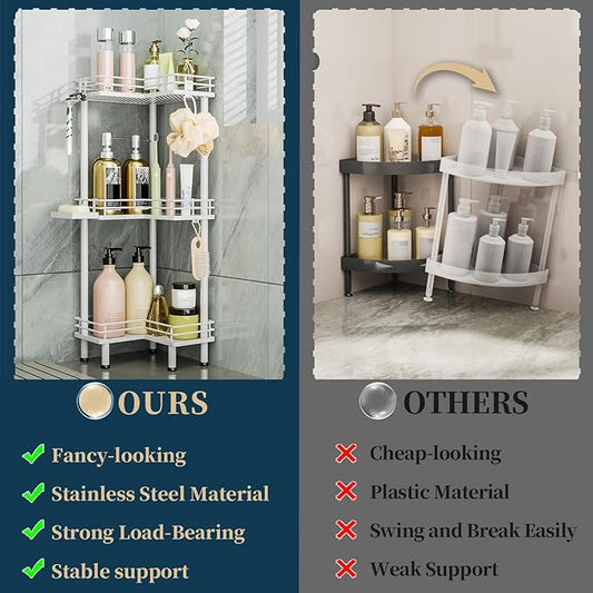 Consumest Corner Shower Caddy Standing - 3-Tier Stainless Steel Shower Organizer with Soap Holder and 4 Hooks, Large Capacity Corner Shelf Stand for Bathroom, Rest Room, White
