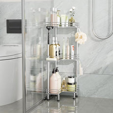Consumest Corner Shower Caddy Standing - 3-Tier Stainless Steel Shower Organizer with Soap Holder and 4 Hooks, Large Capacity Corner Shelf Stand for Bathroom, Rest Room, Silver
