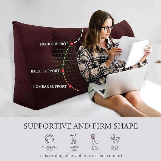 11 lbs Thickened Queen Headboard Pillow for Sitting Up in Bed, Back Support Reading Pillow with Side Pocket and Velvet Removable Cover, Triangular Large Wedge Headboard Pillow