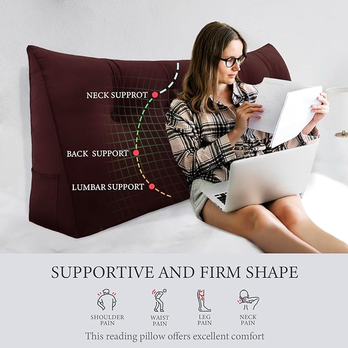 14 lbs Thickened King Headboard Pillow for Sitting Up in Bed, Back Support Reading Pillow with Side Pocket and Velvet Removable Cover, Triangular Large Wedge Headboard Pillow