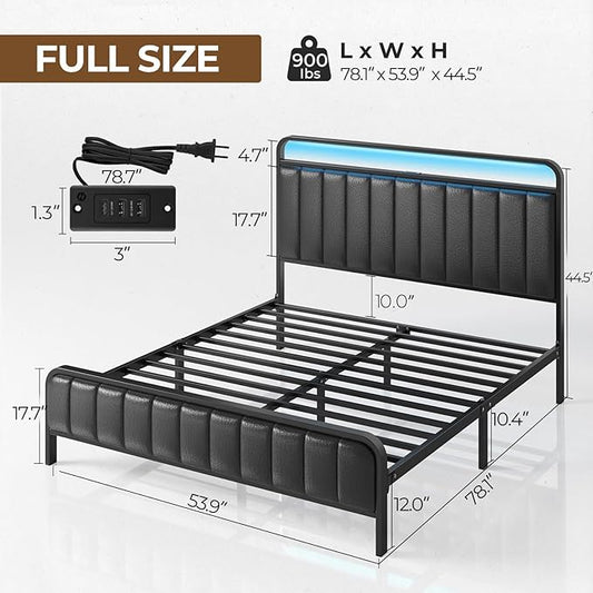 Rolanstar Full Size Bed Frame with LED Light and Charging Station, Upholstered Headboard and Footboard, Metal Slat, Noise Free, Easy Assembly, Black