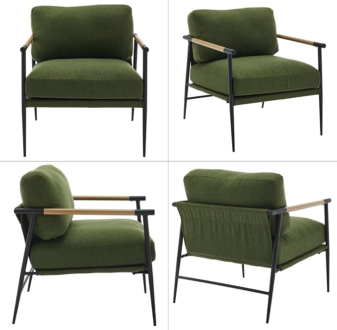 Mid-Century Accent Chair, Soft Armchair Linen Fabric Lounge Chair with Black Metal Legs, Upholstered Leisure Chair for Living Room Reception Room, 1PC, Green