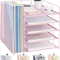 Desk Organizers and Accessories, 5-Tier Paper Letter Tray Organizer with File Holder, Desktop Organizer for Office Supplies (Pink)
