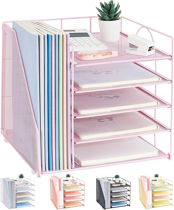 Desk Organizers and Accessories, 5-Tier Paper Letter Tray Organizer with File Holder, Desktop Organizer for Office Supplies (Pink)