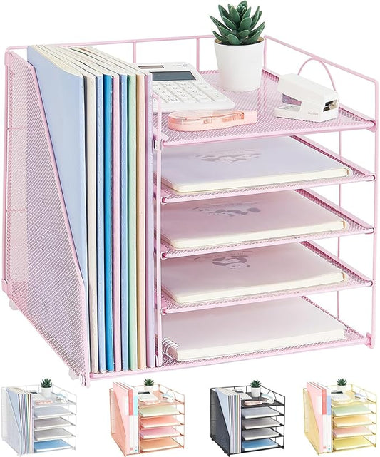 Desk Organizers and Accessories, 5-Tier Paper Letter Tray Organizer with File Holder, Desktop Organizer for Office Supplies (Pink)
