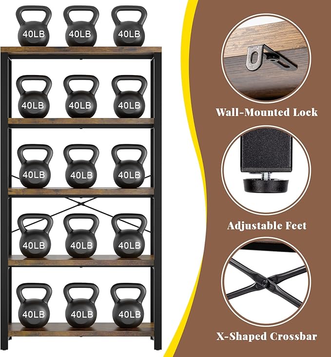 5-Tier Adjustable Heavy Duty Bookshelf, Industrial Wooden Open Storage Rack with Black Metal Frame, Vintage Bookcase with Lock Wall Design, Rustic Brown