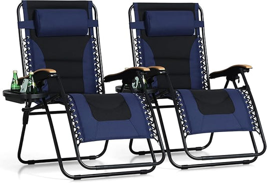 PHI VILLA XXL Oversized Padded Zero Gravity Chair Set of 2, Foldable Patio Recliner, 30" Wide Seat Anti Gravity Lounger with Armrest and Cup Holder, Support 400 LBS (Navy Blue)