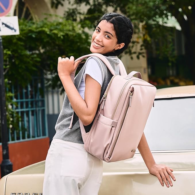 GOLF SUPAGS Stylish Laptop Backpack for Women Airline Approved Perfect for Work College and Travel Multi-Functional Casual Daypack Fits 15.6 Inch Notebook (Pinkish Grey)