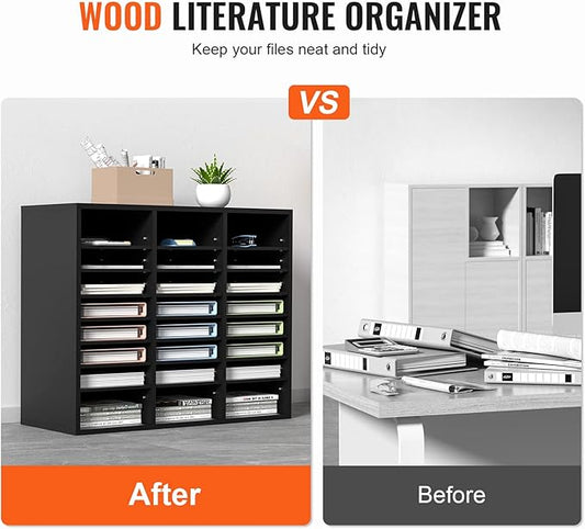 VEVOR Literature Organizers, 24 Compartments Office Mailbox with Adjustable Shelves, Wood Literature Sorter 29x12x24.4 inches for Office, Home, Classroom, Mailrooms Organization, EPA Certified Black