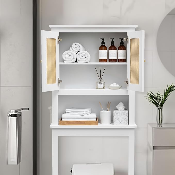 Over The Toilet Storage Cabinet, Behind Toilet Bathroom Organizer with Adjustable Shelves, Above Toilet Organizers with Barn Door, Space Saver for Restroom, Bathroom, Laundry