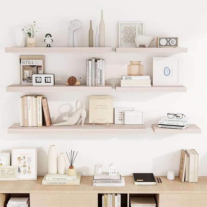 36 Inch Floating Shelves, 3D Textured Wood Grain, 36"x9.25"x1.5" Inch Deep Floating Shelves for Wall, Wooden Shelves for Bathroom, Bedroom, Living Room, Washed White, 2 Pieces