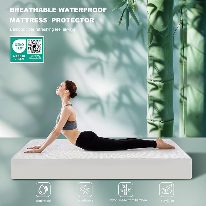 GRT Twin Waterproof Mattress Protector, Rayon Made from Bamboo Mattress Cover, Breathable Cooling Soft Mattress Protector, Machine Washable Mattress Pad with 8''- 26'' Deep Pocket