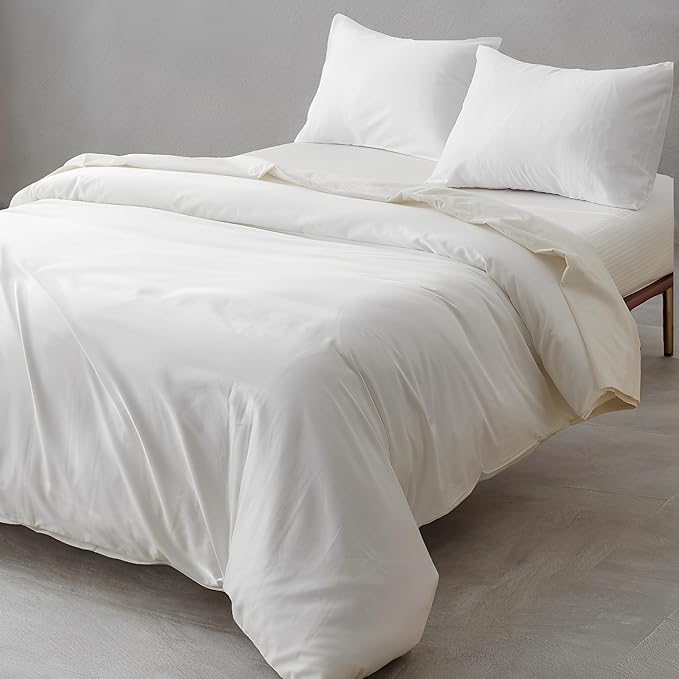 HeimenAogo Queen Size Tencel Cotton Duvet Cover - Silky Smooth Luxury Hotel Collection Bedding Set, 90x90 Inch Comforter Cover, Zipper Closure, Bright White
