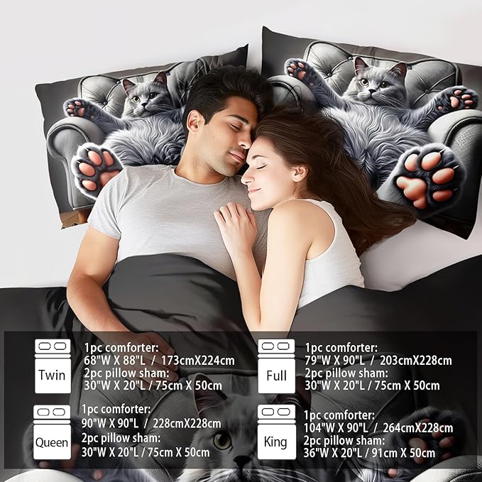 Cute Cat Comforter Set Full,Grey Kawaii Cat Bedding Set Adult,Cute Animal Comforter for Boy,American Shorthair Bedding Grey,Kawaii Animal Print Quilt Bedroom Decor Kids