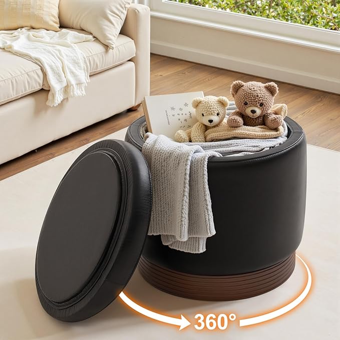 Round Storage Ottoman,Swivel Vanity Stool-Smooth Faux Leather Foot Rest,Footstool Pouf with Sturdy Acacia Wood Frame(500lbs),Small Coffee Table & Hidden Storage Ottoman for Living Room