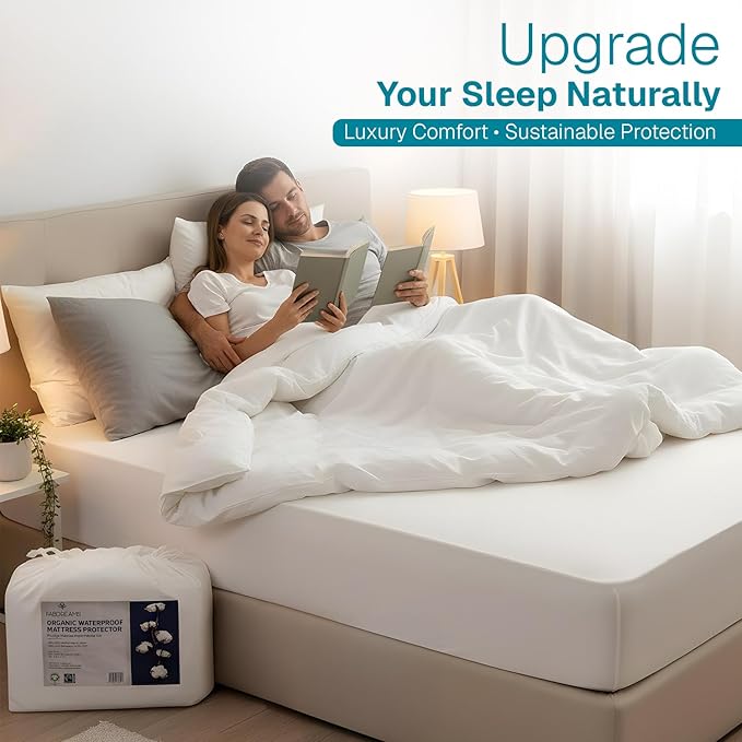 Fabdreams Organic Cal King Size Waterproof Mattress Protector, 74" x 86", White, Temperature Regulating, Breathable, 100% Organic Cotton