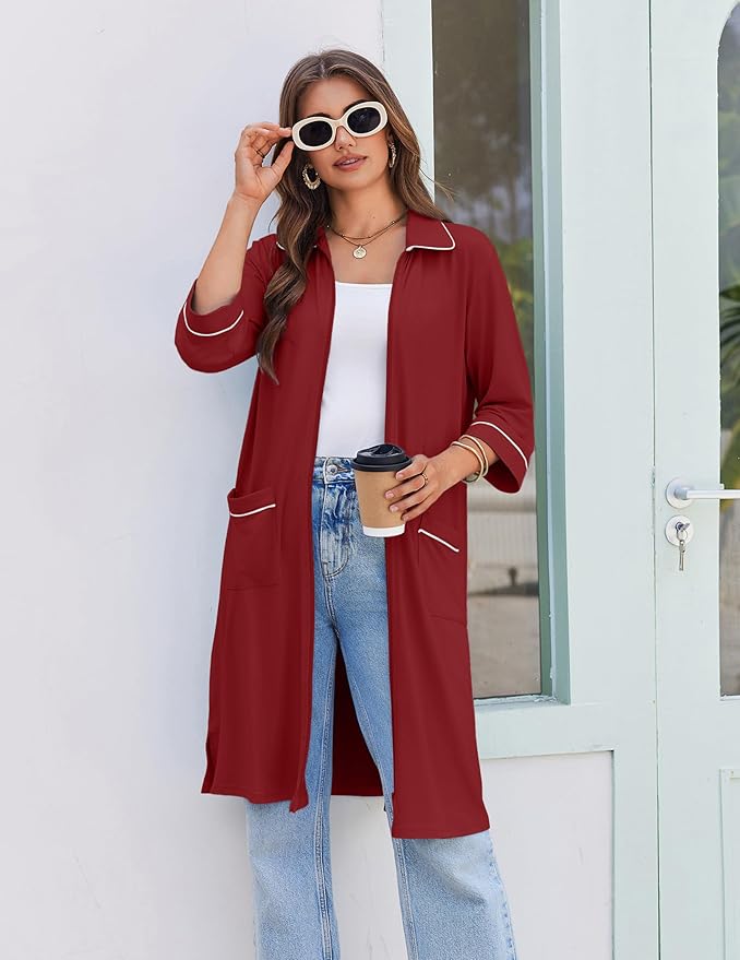 Ekouaer Zipper Robes for Women 3/4 Sleeve Housecoats Knee Length Bathrobe Lightweight Nightgown with Pockets S-3XL