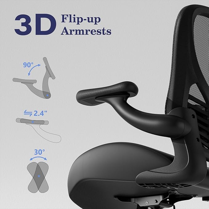 GYI Office Chair Ergonomic, Computer Desk Chair with Memory Foam Seat, Technical Mesh Back, 3D Flip-up Arms, Adjustable Lumbar Support&Height, Wheels for Home or Office, Black