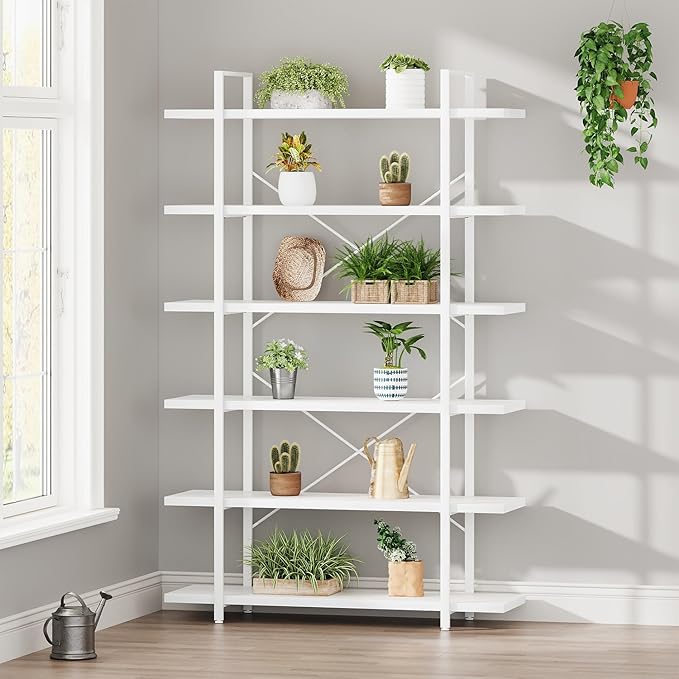 HSH 6 Tier Tall White Bookshelf, Industrial Modern Vertical Metal and Wood White Bookcases 6 Shelf,Farmhouse Open Large Storage Book Shelves & Display Book Shelf for Bedroom Living Room Office