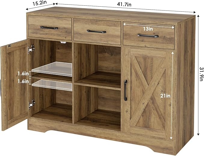 HOSTACK Wood Modern Farmhouse Buffet Storage Cabinet Barn Doors Sideboard with Storage, Drawers and Shelves for Coffee Bar, Kitchen, Dining Room, Living Room, Rustic Brown