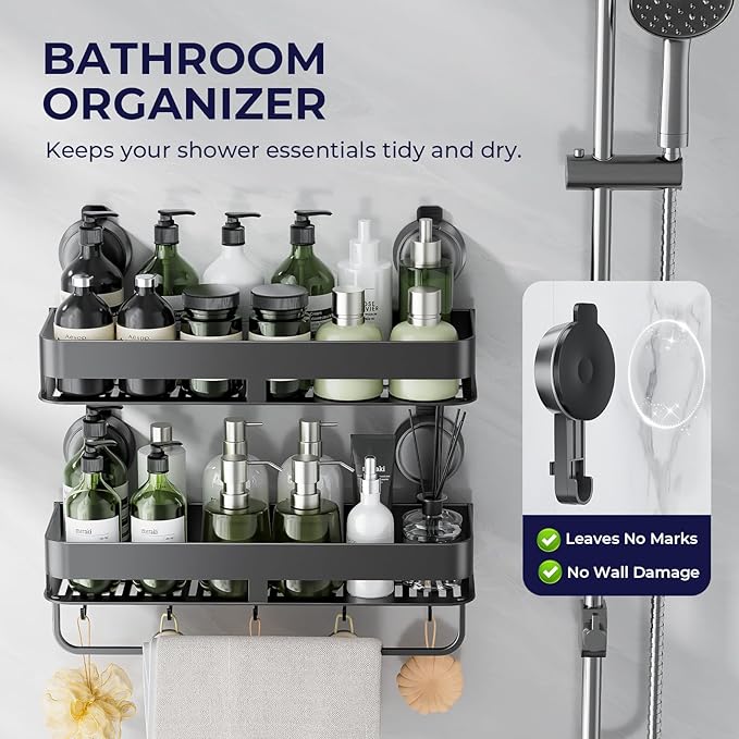 ONXE Shower Caddy Suction Cup,2 Pack Extra-Strong Suction Shower Shelves,No Drilling Rustproof Organizer for Bathroom,Kitchen,Home Decor,Reusable Bathroom Storage with Large Capacity(11.8 inch)